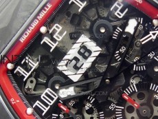 RM011 Carbon Case Carbon Bezel Chronograph KVF 1:1 Best Edition Skeleton Dial(Red Inner Bezel) on Red Rubber Strap A7750