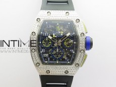 RM011 Titanium Case Diamonds Bezel Chronograph KVF 1:1 Best Edition Skeleton Dial Blue Crown on Black Rubber Strap A7750