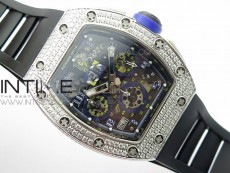 RM011 Titanium Case Diamonds Bezel Chronograph KVF 1:1 Best Edition Skeleton Dial Blue Crown on Black Rubber Strap A7750