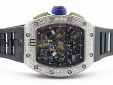 RM011 Titanium Case Diamonds Bezel Chronograph KVF 1:1 Best Edition Skeleton Dial Blue Crown on Black Rubber Strap A7750