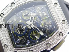 RM011 Titanium Case Diamonds Bezel Chronograph KVF 1:1 Best Edition Skeleton Dial Blue Crown on Black Rubber Strap A7750