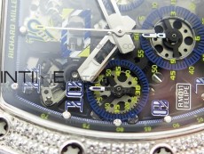 RM011 Titanium Case Diamonds Bezel Chronograph KVF 1:1 Best Edition Skeleton Dial Blue Crown on Black Rubber Strap A7750