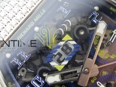 RM011 Titanium Case Diamonds Bezel Chronograph KVF 1:1 Best Edition Skeleton Dial Blue Crown on Black Rubber Strap A7750