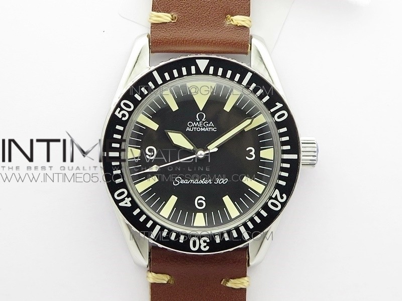 Vintage Seamaster 300 No Date SS B12 Black Dial On Brown Leather Strap A-2836 (Free Nylon Strap)