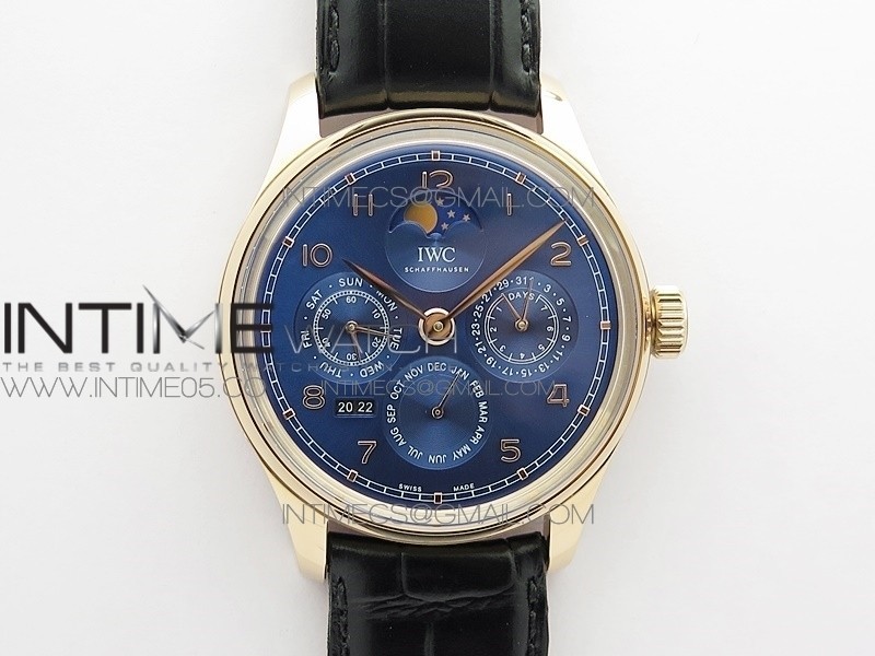 Portuguese Real PR Real Annual Calendar IW5034 RG V9F Best Edition Blue Dial On Black Leather Strap A52610