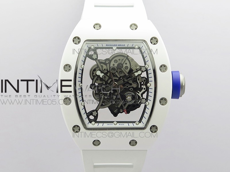 RM055 White Ceramic KVF Best Edition Skeleton Dial Blue Crown on White Rubber Strap MIYOTA8215 V3