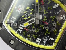RM12-1 Real Tourbillon Forge Carbon KVF Best Edition Skeleton Dial Yellow inner bezel on Black Rubber Strap