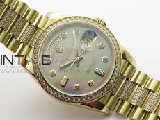 Day-Date 36 128235 YG/Crystal BP Best Edition Gray MOP Crystal Marker Dial on YG President Bracelet A2836