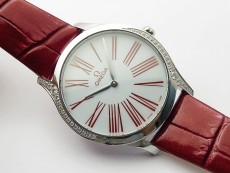 Ladies' De Ville Trésor Diamond SS 3AF 1:1 Best Edition White Dial On Red Leather Strap Swiss Quartz