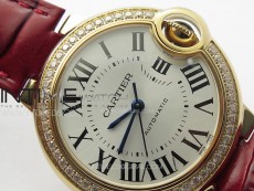 Ballon Bleu 33mm Diamonds Bezel RG K3F 1:1 Best Edition White Dial on Red Leather Strap A076