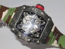 RM035-01 Forged Carbon Case KUF Best Edition Red Crown on Camouflage Rubber Strap MIYOTA8215