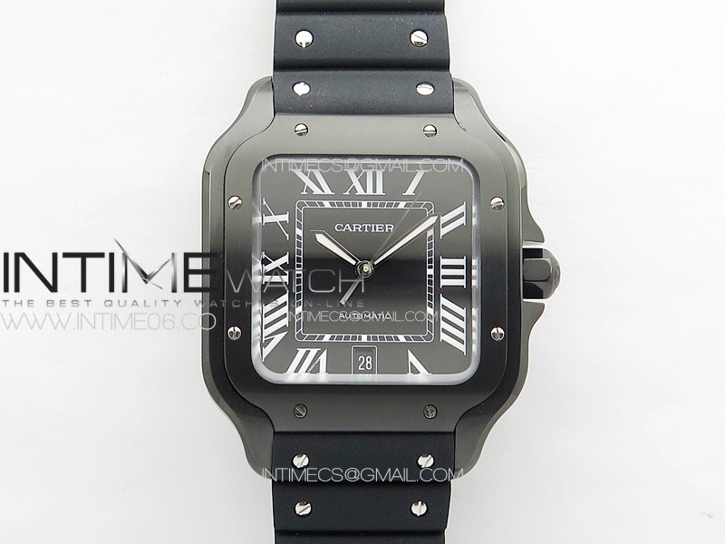 Santos de Cartier 40mm DLC GF 1:1 Best Edition Black Dial on Black Rubber Strap MIYOTA 9015