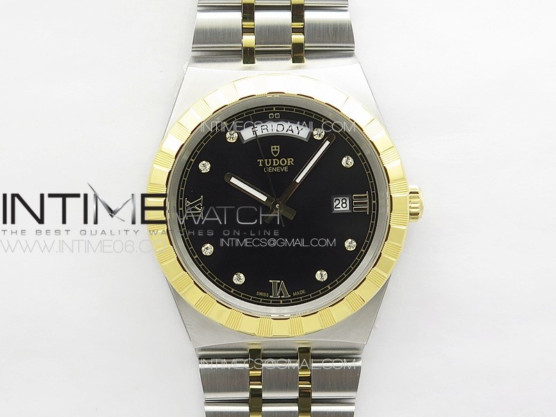 Prince Bay 41mm SS/YG A7F 1:1 Best Edition Black Dial Diamonds Markers on SS Bracelet A2824