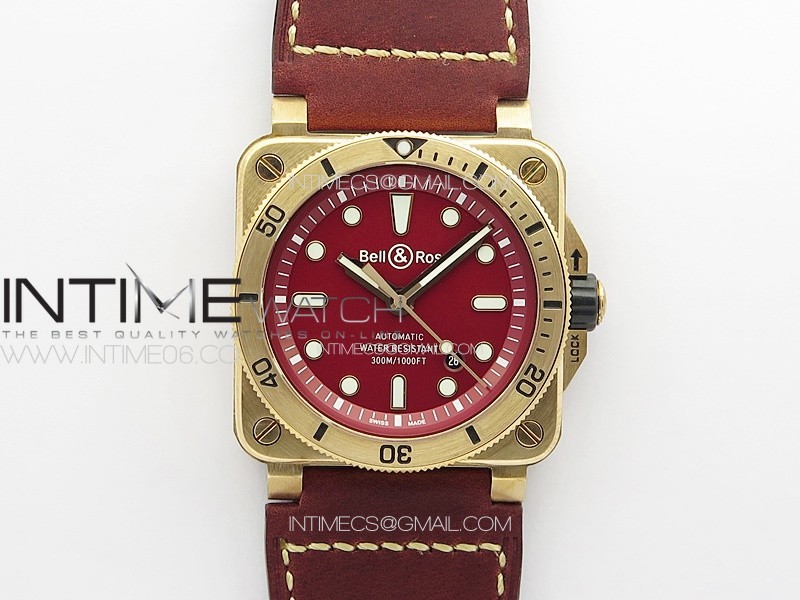 BR 03-92 Diver Bronze B12 1:1 Best Edition Red Dial on Red Leather Strap A2824 (Free Rubber Strap)