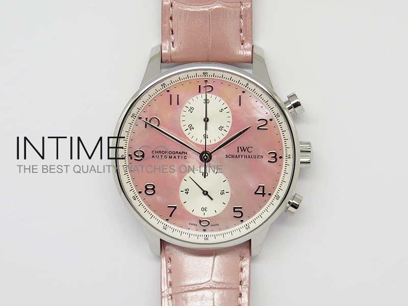 Portuguese 40mm Chrono SS Pink MOP Dial on Pink  Leather Strap A7750