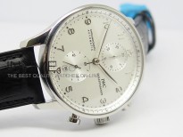 Portuguese 40mm Chrono SS White Dial Sliver Number on Leather Strap A7750