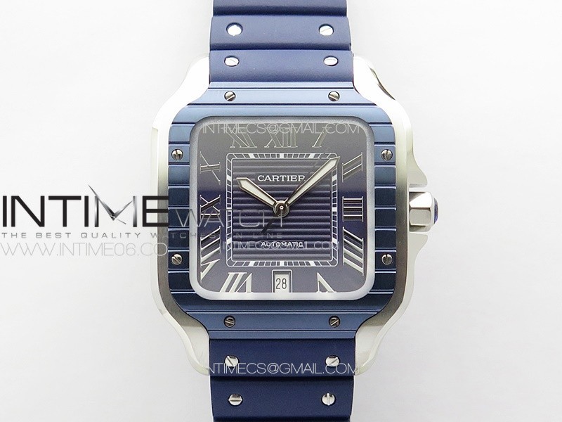Santos de Cartier 40mm SS/Cer GF V2 1:1 Best Edition Blue Dial on Blue Rubber Strap 9015