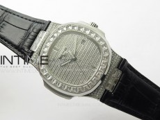 Nautilus Pave T Diamonds bezel SS GSF Full Pave Diamonds Dial On Black Leather Strap 324CS