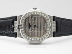 Nautilus Pave T Diamonds bezel SS GSF Full Pave Diamonds Dial On Black Leather Strap 324CS