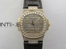 Nautilus Pave T Diamonds bezel RG GSF Full Pave T Diamonds Dial On Black Leather Strap 324CS