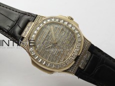 Nautilus Pave T Diamonds bezel RG GSF Full Pave T Diamonds Dial On Black Leather Strap 324CS
