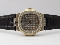 Nautilus Pave T Diamonds bezel RG GSF Full Pave T Diamonds Dial On Black Leather Strap 324CS