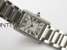 Tank Louis Ladies 22mm SS/Dia Bezel 8848F 1:1 Best Edition White Dial on SS Bracelet Ronda Quartz(Free leather strap)
