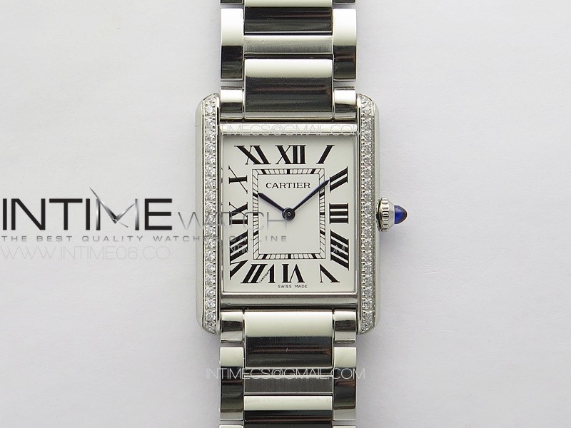 Tank Louis Ladies 25mm SS/Dia Bezel 8848F 1:1 Best Edition White Dial on SS Bracelet Ronda Quartz(Free leather strap)
