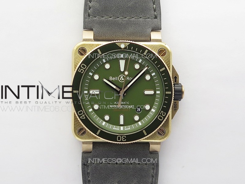 BR 03-92 Diver Ceramic Bezel Bronze B12 1:1 Best Edition Green Dial on Gray Leather Strap A2824 (Free Rubber Strap)