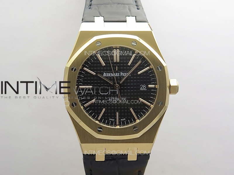 Royal Oak 41mm 15400 RG APSF 1:1 Best Edition Black Textured Dial on Black Leather Strap A3120 Super Clone V3
