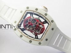 RM052 Skull White Ceramic/RG Real Tourbillon YSF Best Edition Red Skull Dial on White Rubber Strap