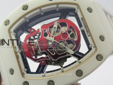RM052 Skull White Ceramic/RG Real Tourbillon YSF Best Edition Red Skull Dial on White Rubber Strap