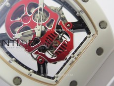 RM052 Skull White Ceramic/RG Real Tourbillon YSF Best Edition Red Skull Dial on White Rubber Strap