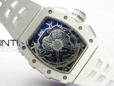 RM011 Titanium Case White Ceramic Bezel Chronograph KUF Best Edition Skeleton Dial on White Rubber Strap A7750
