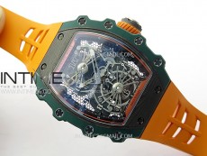 RM021-02 Real Tourbillon Black Carbon RMF Best Edition Skeleton Dial on Orange Rubber Strap