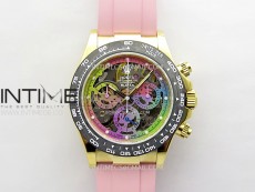Daytona PVD Carbon Bezel YG GETF Best Blacken Skeleton Color Dial on Pink Rubber Strap SA4130