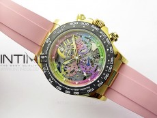 Daytona PVD Carbon Bezel YG GETF Best Blacken Skeleton Color Dial on Pink Rubber Strap SA4130