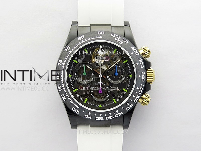 Daytona PVD Carbon Bezel GETF Best Blaken Skeleton Dial on White Rubber Strap SA4130