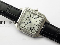 Santos Dumont 43.5mm SS/Diamonds Bezel F1F Best Edition Silver Dial on Black Leather Strap Quartz
