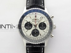 Navitimer B01 43mm SS BLSF 1:1 Best Edition Silver Dial Black Subdials On Black Leather Strap A7750