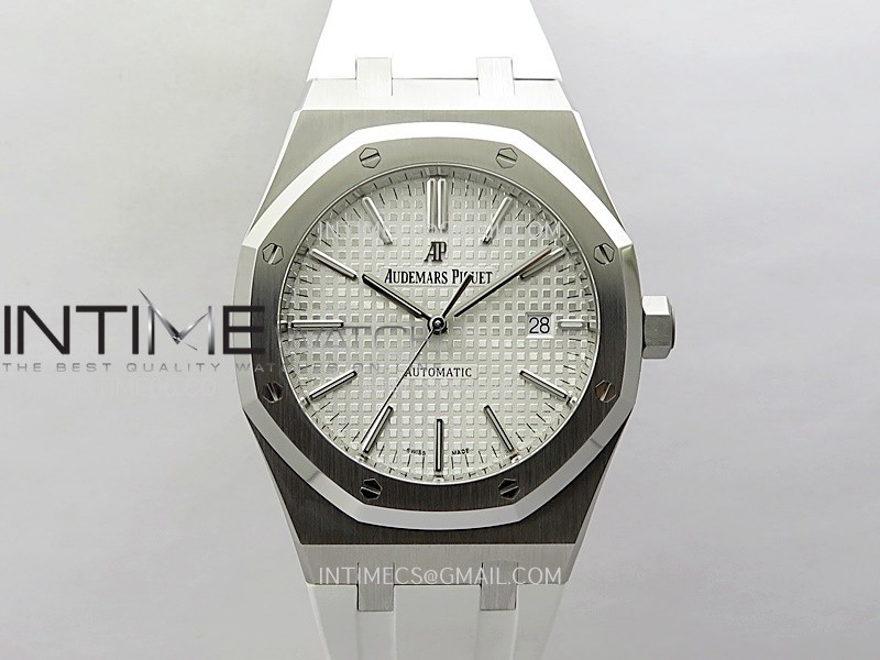 Royal Oak 41mm 15400 SS APSF 1:1 Best Edition White Textured Dial on White Rubber Strap SA3120 Super Clone V3 Royal Oak 41mm 15400 SS APSF 1:1 Best Edition White Textured Dial on White Rubber Strap SA3120 Super Clone V3