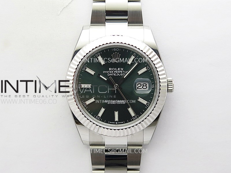 DateJust 41mm 126334 904 SS AR+F V2 1:1 Best Edition Fluted Bezel Green Dial Sticks Markers on Oyster Bracelet DD3235