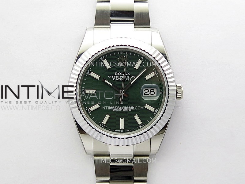 DateJust 41mm 126334 904 SS AR+F V2 1:1 Best Edition Fluted Bezel Motif Green Dial Sticks Markers on Oyster Bracelet DD3235