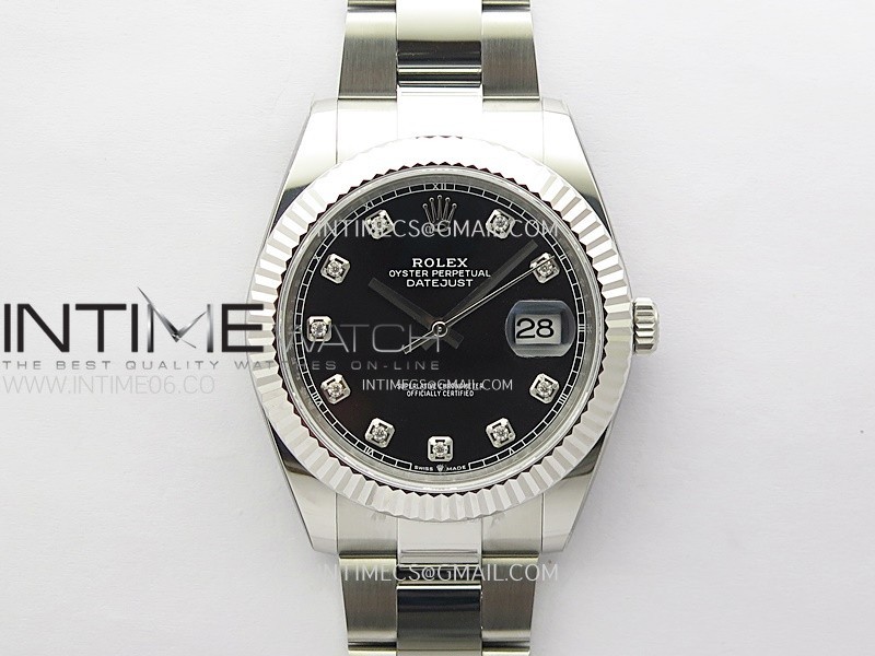 DateJust 41mm 126334 904 SS ONE Factory V2 1:1 Best Edition Fluted Bezel Black Dial Diamond Markers on Oyster Bracelet DD3235