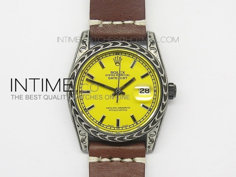Datejust Engraved DLC Case Yellow dial on Brown Leather Strap