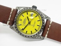 Dayjust Engraved DLC Case Yellow dial on Brown Leather Strap