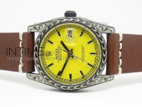 Dayjust Engraved DLC Case Yellow dial on Brown Leather Strap