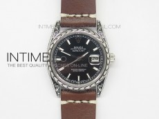 Dayjust Engraved SS Case Black dial on Brown Leather Strap