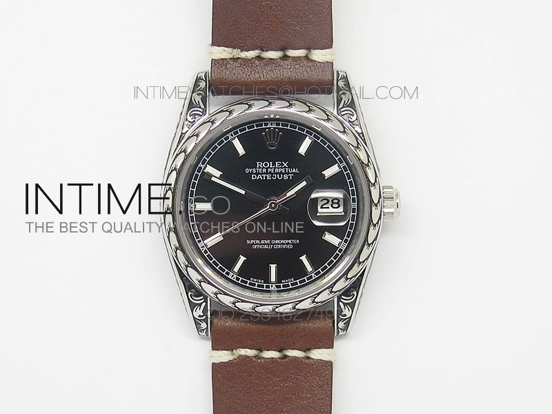 Datejust Engraved SS Case Black dial on Brown Leather Strap