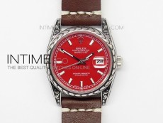 Datejust Engraved SS Case Red dial on Brown Leather Strap
